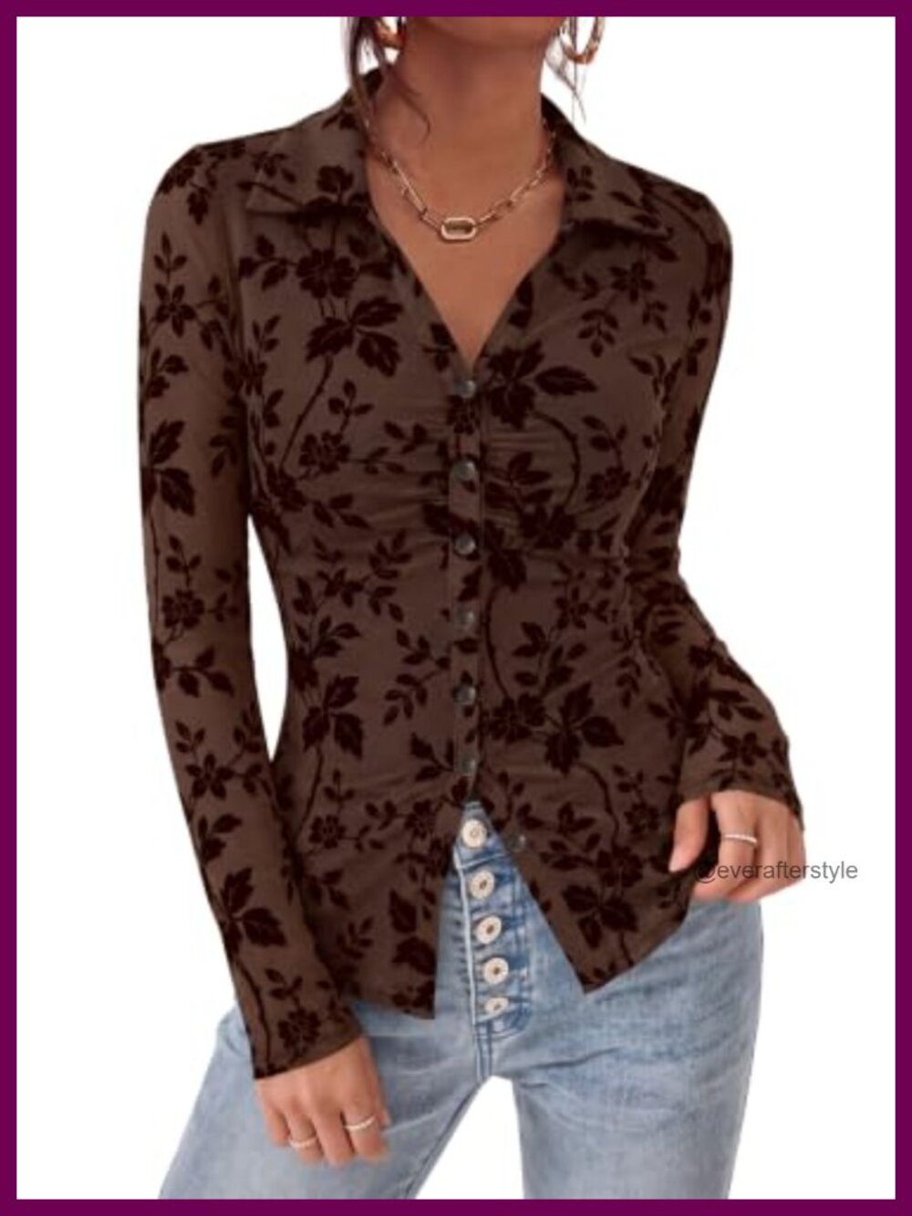Women's Long Sleeve Floral Mesh Button Down Blouse